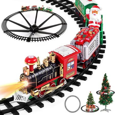 Electric Train Set for Kids, Battery-Powered Train Toys with Light & Sound, Railway Kits w/ Steam Locomotive Engine, Cargo Cars & Tracks, Classic Christmas Train Set for 3 + Years Old Kids