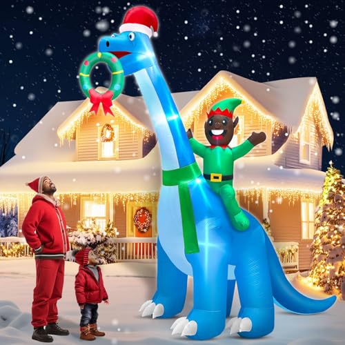 14 Ft Long By 12 Ft Tall Giant Christmas Inflatables Dinosaur With Black Santa Elf &Amp; Xmas Wreath Outdoor Decorations, Built-In Light Blow Up Black Christmas Yard Decor For Outside Lawn Garden