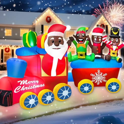 8 Ft Long 4.6 Ft Tall Christmas Inflatable Black Santa Claus Driving Train With Black Nutcracker Elf Gingerbread Man, Blow Up Yard Decorations Outdoor Built-In Led Lights For Lawn Garden Xmas Holiday