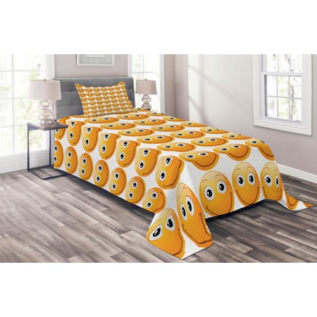 Emoji Coverlet Set Twin Size, Smiley Technologic Modern Happy Loving Mood Full Face Expressions Plain Art Image Print, Quilted 3 Piece Decor Bedspread Set with Pillow Sham, Yellow, by Ambesonne