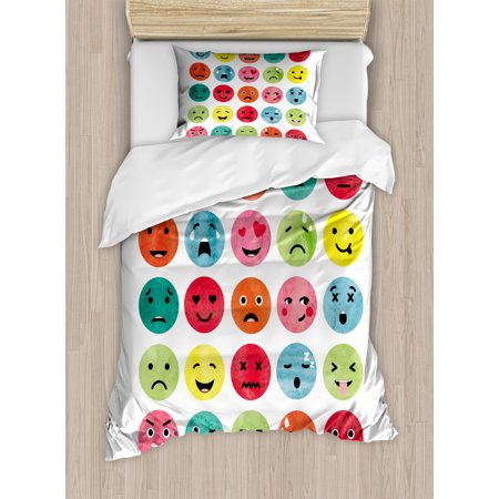 Emoji Duvet Cover Set Twin Size, Watercolor Abstract Winking Crying Loving Surprised Facial Expressions Art Print, Decorative 2 Piece Bedding Set with 1 Pillow Sham, Multicolor, by Ambesonne