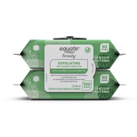 Equate Beauty Exfoliating Wet Cleansing Towelettes, Twin Pack, 100 Count