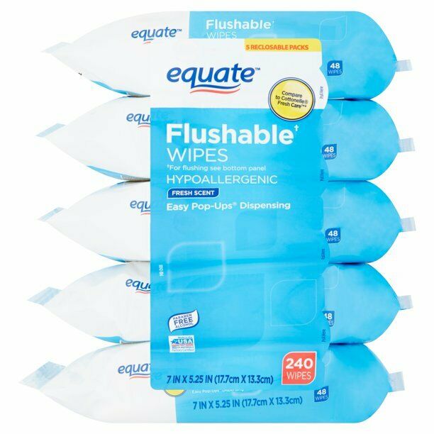 Equate Flushable Wipes, Fresh Scent, 5 packs of 48 wipes, 240 wipes total