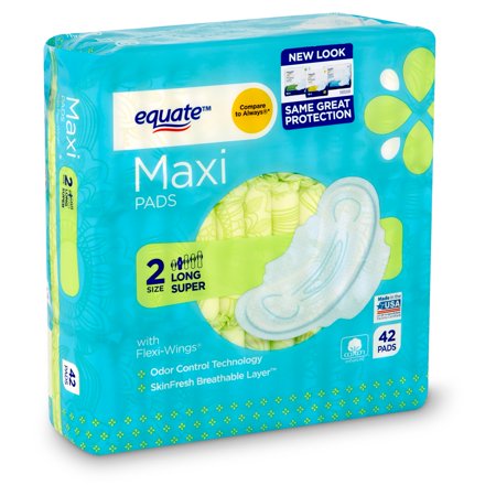 Equate Maxi Pads with Wings, Long Super, Unscented, 42 ct