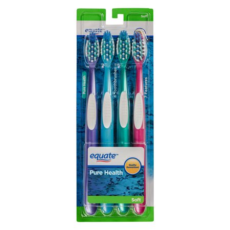 Equate Pure Health Manual Toothbrush with Tongue and Cheek Cleaner Soft, 4 Count