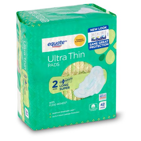 Equate Ultra Thin Pads with Wings, Long Super Absorbency Unscented, 42 ct