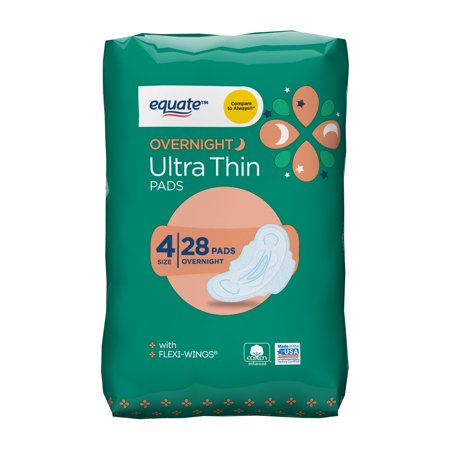 Equate Ultra Thin Pads with Wings, Overnight, Unscented, 28 ct