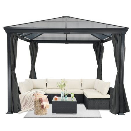 ESSENTIAL LOUNGER 10'x12' Aluminum Hardtop Gazebo with Side Curtains Sturdy Frame for Garden Yards Color Black