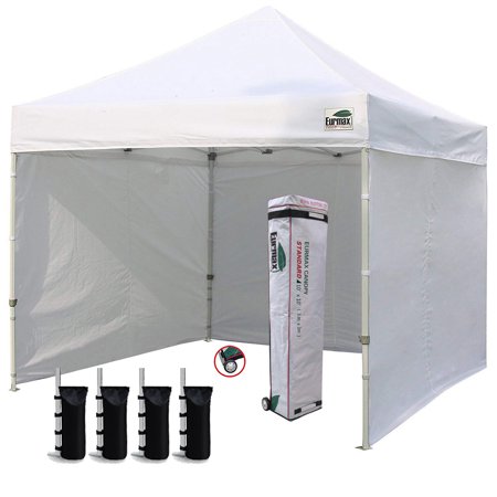 eurmax 10x10 ez pop up canopy outdoor canopy instant tent with 4 zipper sidewalls and roller bag,bouns 4 weight bags (white)