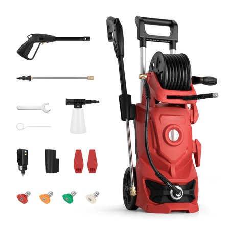 EXCITED WORK Electric Pressure Washer(RED), 2.4GPM Power Washer Machine 1800W High Pressure Cleaner with 4 Interchangeable Nozzle, Hose Reel and Brush for Cars/Garden/Deck Cleaning
