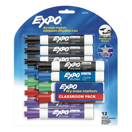 ExpoÂ® Low Odor Dry Erase Markers, Chisel Tip, Assorted Colors, 12 Count