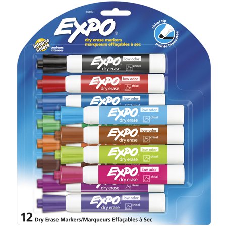 Expo Low Odor Dry Erase Markers, Chisel Tip, Assorted Colors, 12 Count
