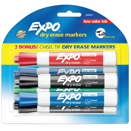 Expo Low Odor Dry Erase Markers, Chisel Tip, Assorted Colors, 6 Count