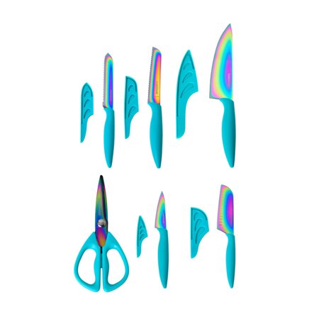 Farberware 11-piece Rainbow Iridescent Blades with Teal Handles and Sheath Titanium Cutlery Set