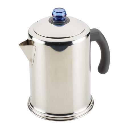 Farberware 12-Cup Classic Stainless Steel Coffee Percolator, Stainless Steel with Blue Knob