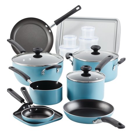 Farberware 20 Pc Easy Clean Aluminum Nonstick Cookware Pots and Pans Set, Aqua