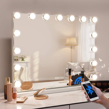 FENCHILIN Bluetooth Hollywood Makeup Vanity Mirror with Lights Large Tabletop Wall Mount Metal White