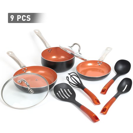 FGY 9 Pcs Nonstick Pots Pans Cookware Set, Frying Pans and Saucepan Set (Black Copper)