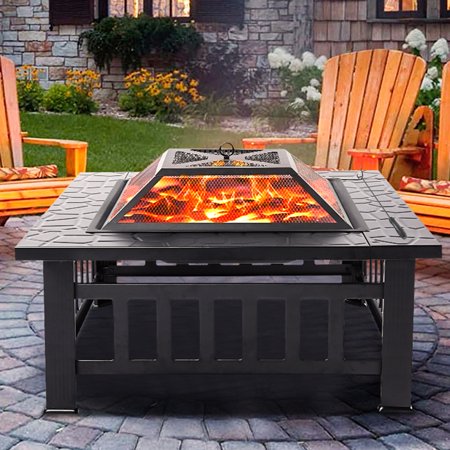 Fire Pits for Outside, 32" Wood Burning Fire Pit Tables with Screen Lid, Poker, BBQ Net and Cover, Outdoor Fire Pit Patio Set, Backyard Patio Garden Stove Fire Pit/Ice Pit/BBQ Fire Pit, Black, W6463