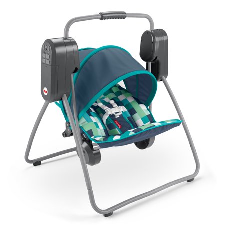 Fisher-Price On-the-Go Baby Swing with 6 Swinging Speeds and Canopy, Blue Check