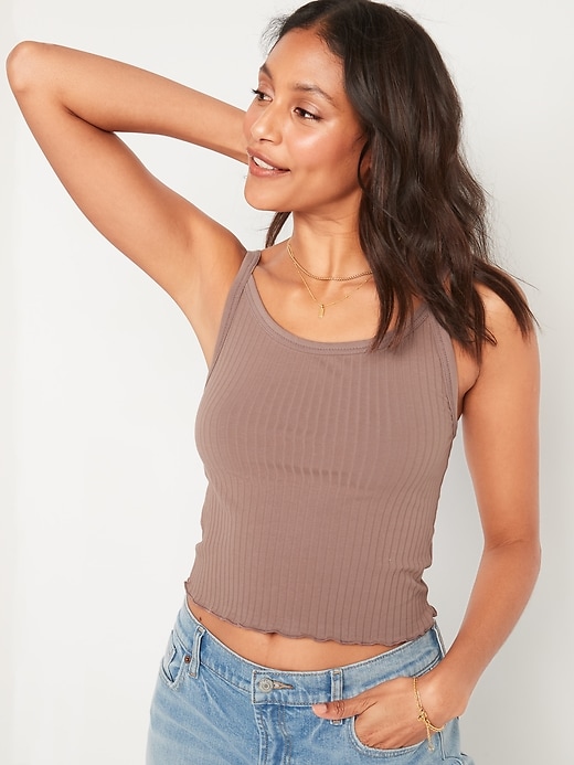 Fitted Cropped Lettuce-Edge Rib-Knit Tank Top for Women