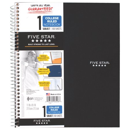 Five Star Notebook, 1 Subject, College Ruled, Black (72057)