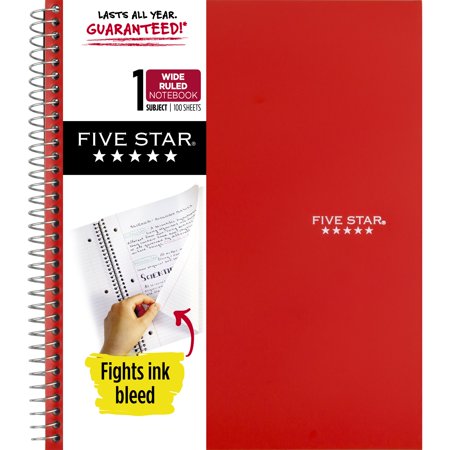 Five Star Wirebound Notebook, 1 Subject, Wide Ruled, 8" x 10 1/2", Fire Red (930010CK1-WMT)