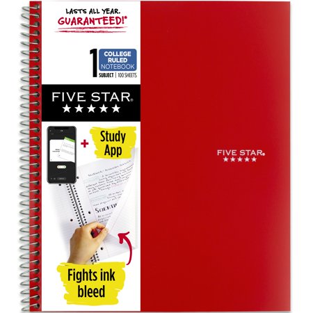 Five Star Wirebound Notebook Plus Study App, 1 Subject, College Ruled, 8 1/2" x 11", Fire Red (820002CK1-WMT)