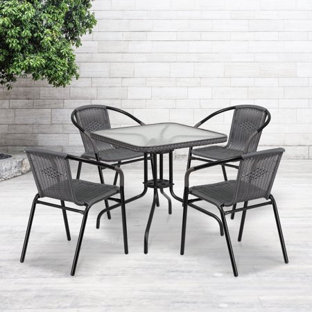 Flash Furniture 28'' Square Glass Metal Table with Gray Rattan Edging and 4 Gray Rattan Stack Chairs
