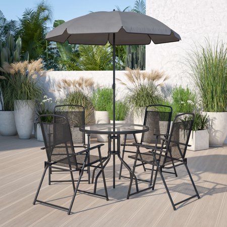 Flash Furniture Nantucket 6 Piece Black Patio Garden Set with Umbrella Table and Set of 4 Folding Chairs
