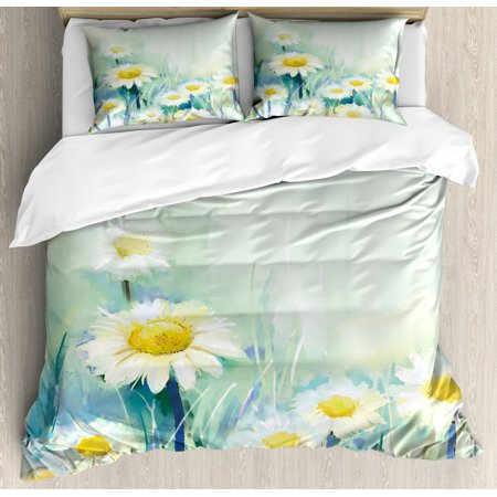 Flower King Size Duvet Cover Set, Daisies on Grass Mother Earth Icons Impressionist Expression of Nature Print, Decorative 3 Piece Bedding Set with 2 Pillow Shams, Pale Blue White, by Ambesonne
