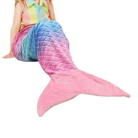 Flyingstar Mermaid Tail Blanket, Soft Flannel Fleece All Seasons Sleeping Blanket for Kids Adults, Rainbow Ombre Fish Scale Design Snuggle Blanket, Best Gifts