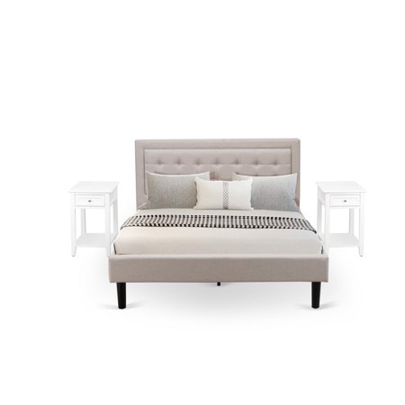 FN08Q-2DE05 3-Piece Platform Queen Bedroom Set with 1 Upholstered Bed and 2 Small Nightstands - Mist Beige Linen Fabric