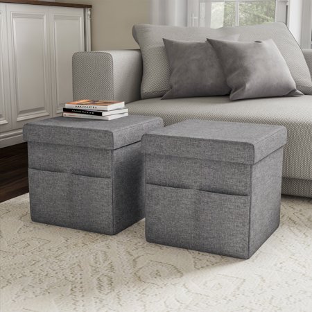Foldable Storage Cube Ottoman with Pockets (Pair, Charcoal Gray)