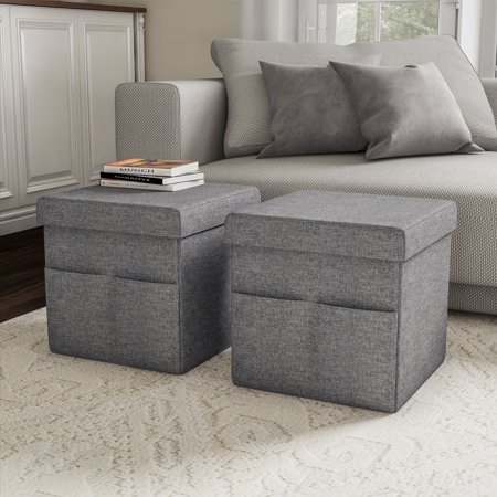 Foldable Storage Cube Ottoman With Pockets (Pair, Charcoal Gray)