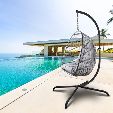 Foldable Swing Egg Chair with Stand Indoor Outdoor Wicker Rattan Patio Basket Hanging Foldable with Cushion Pillow and C Type Bracket for Kids Adult,350lbs Capaticy Black