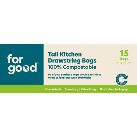 For Good Compostable Tall Kitchen Biodegradable Bin Liner Extra Strong, Tear and Leak Resistant Trash Bags, 15 Count, 13 Gallon w/Drawstring