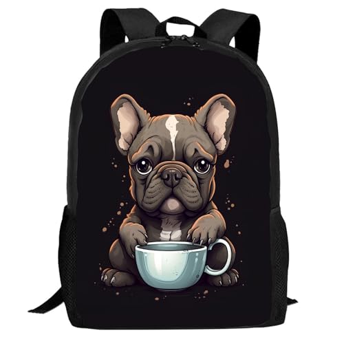 Free Lion Kids French Bulldog Backpack For Boys Girls Cute Dog Puppy French Bulldog Drink Coffee Bookbags Elementary Middle High School Bag Large Capacity Backpack For School &Amp; Travel, 17 Inches