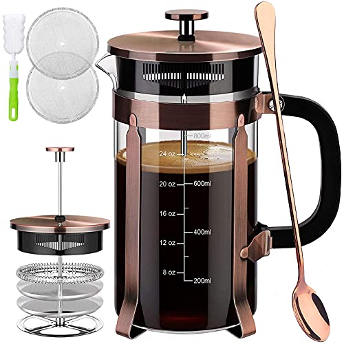 French Press Coffee Maker (34 oz) with 4 Filters - 304 Durable Stainless Steel, Heat Resistant Borosilicate Glass Coffee Press, BPA Free, Brown