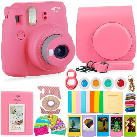FujiFilm Instax Mini 9 Camera and Accessories Bundle - Instant Camera, Carrying Case, Color Filters, Photo Album, Stickers, Selfie Lens + MORE (Flamingo Pink)