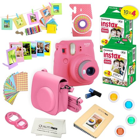 Fujifilm Instax Mini 9 Camera Pink + 15 PC Accessory Kit for Fujifilm Instax Mini 9 Instant Camera Includes: 40 Fuji Instax Films + Case + Album + Colored Lenses + Assorted Color/Style Frames + More