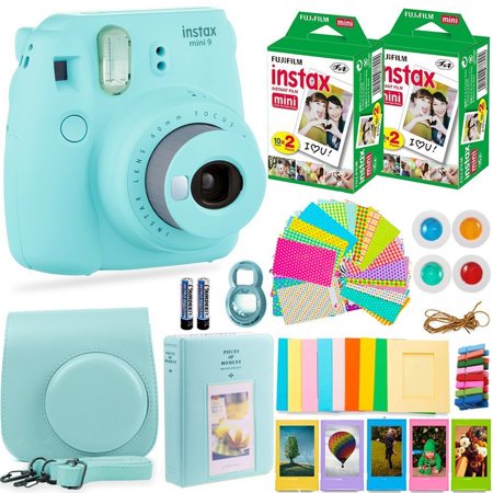 Fujifilm Instax Mini 9 Instant Camera + Fuji Instax Film (40 Sheets) + Accessories Bundle - Carrying Case, Color Filters, Photo Album, Assorted Frames, Selfie Lens + MORE (Ice Blue)