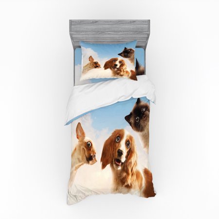 Funny Duvet Cover Set, Cat and Dogs Domestic Home Pets Friends Hilarious Expressions Sky Clouds Collage, Bedding Set with Shams and Fitted Sheet, 3 Sizes, by Ambesonne