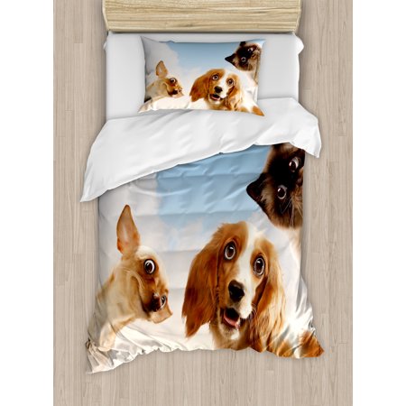 Funny Duvet Cover Set Twin Size, Cat and Dogs Domestic Home Pets Friends Cute Hilarious Expressions Sky Clouds Collage, Decorative 2 Piece Bedding Set with 1 Pillow Sham, Multicolor, by Ambesonne