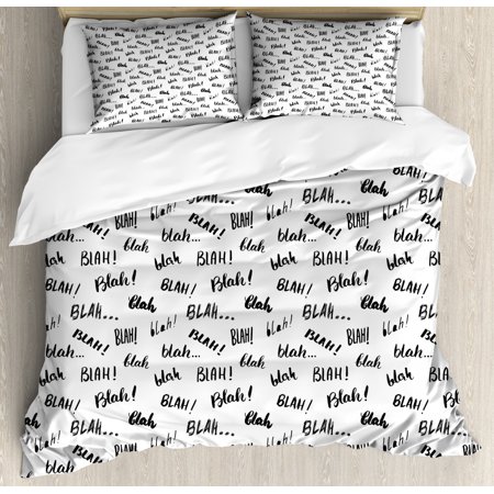 Funny Words Queen Size Duvet Cover Set, Blah Blah Words in Hand Written Style Nonsense Expression Discussion Theme, Decorative 3 Piece Bedding Set with 2 Pillow Shams, Black and White, by Ambesonne