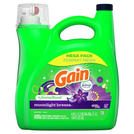 Gain + Aroma Boost Liquid Laundry Detergent, Moonlight Breeze Scent, 107 Loads, 154 fl oz, HE Compatible
