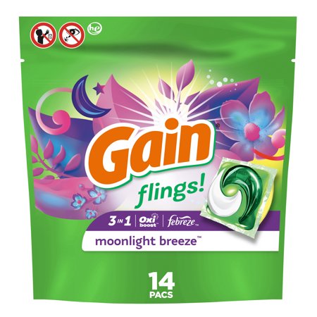 Gain Flings Moonlight Breeze Scent, 14 Ct Laundry Detergent Pacs