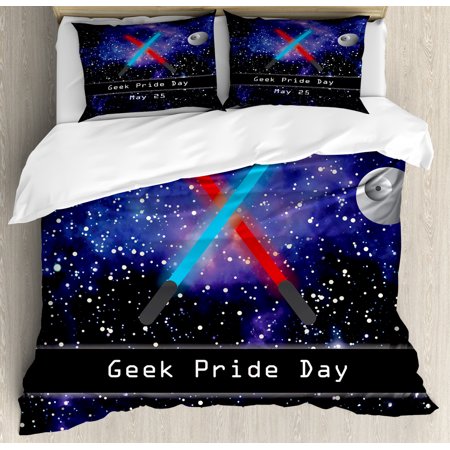 Galaxy Queen Size Duvet Cover Set, Gift for Geek Pride Day May 25 Two Crossed Swords Stars Galaxy Wars Pattern, Decorative 3 Piece Bedding Set with 2 Pillow Shams, Blue Black Red, by Ambesonne