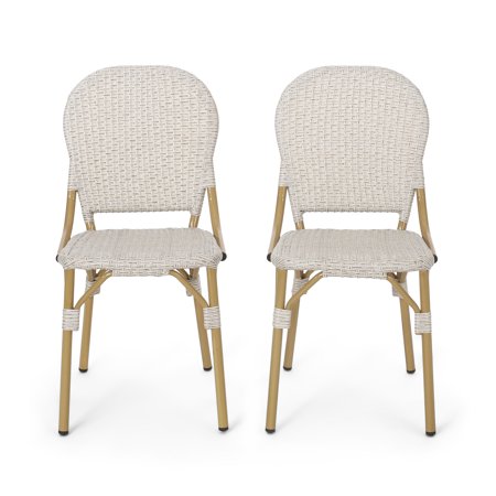 Gallia Outdoor Aluminum French Bistro Chairs (Set of 2), Light Brown and Bamboo Finish
