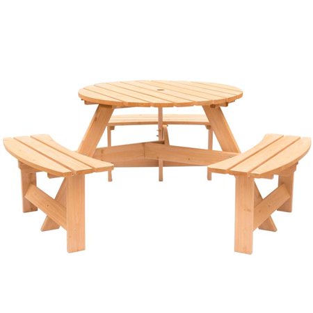 Gardenised QI003904.ST Wooden Outdoor Round Picnic Table with Bench for Patio, 6-Person with Umbrella Hole, Stained